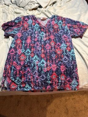 UA Scrubs Navy V-Neck Top with Pink and Aqua Ikat Print